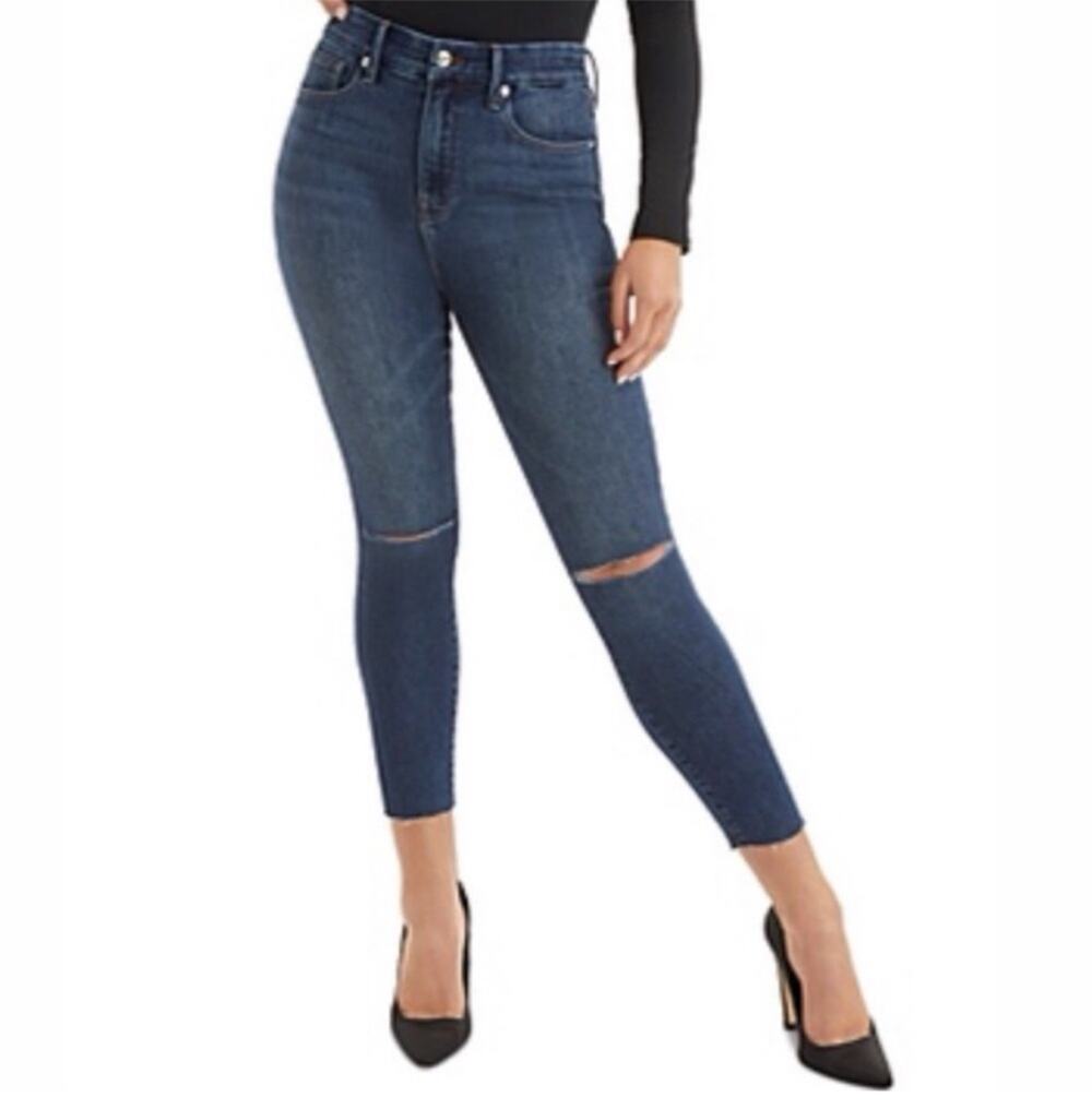 Good American Jeans Womens 25 Blue676 Good Waist Cropped Raw Edge Ripped Knee